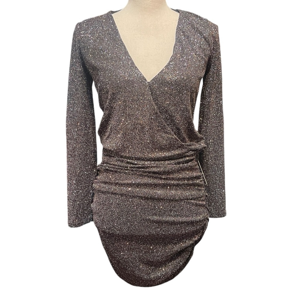 NWT Express Black Multicolor Glitter Long Sleeve Faux Wrap Event Cocktail Dress